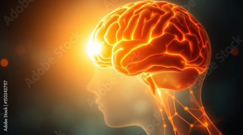 Profile of a head with a glowing brain, symbolizing cognitive activity and innovation.