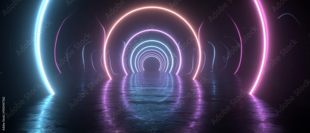 Fototapeta premium Abstract Neon Lights Tunnel with Pink and Blue Circles