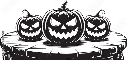 Creepy carved Halloween pumpkins with evil faces on wooden platform in black and white, spooky jack-o'-lanterns for horror decorations