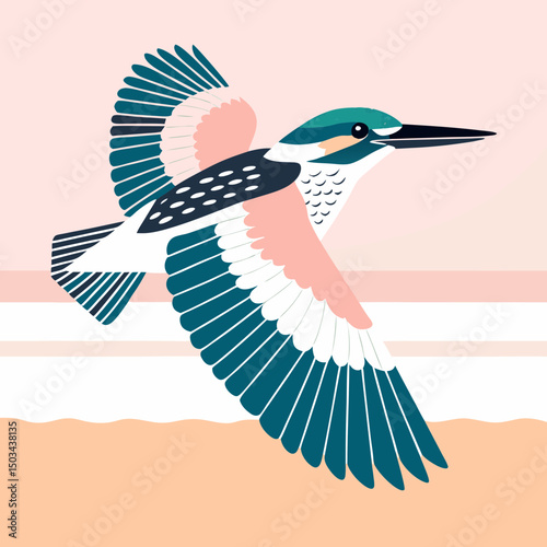 Vibrant vector illustration of a flying kingfisher with outstretched wings, showcasing its vivid plumage in mid-flight