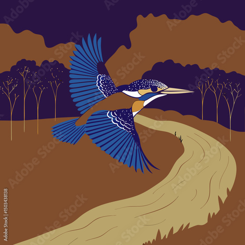 Vibrant vector illustration of a flying kingfisher with outstretched wings, showcasing its vivid plumage in mid-flight