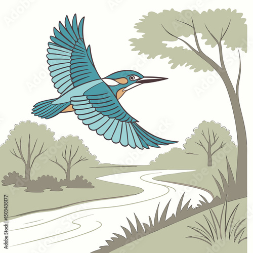 Vibrant vector illustration of a flying kingfisher with outstretched wings, showcasing its vivid plumage in mid-flight