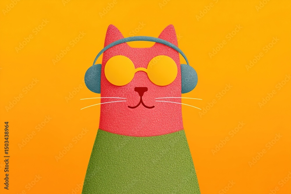 Fototapeta premium Happy cool cat wearing sunglasses and headphones against a vibrant background