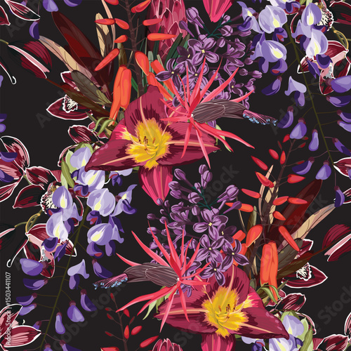 Seamless Pattern. Garden flowers. Magical lily, lilac, orchid flowers. Realistic vector image. Print for all types of surfaces. Trendy print.