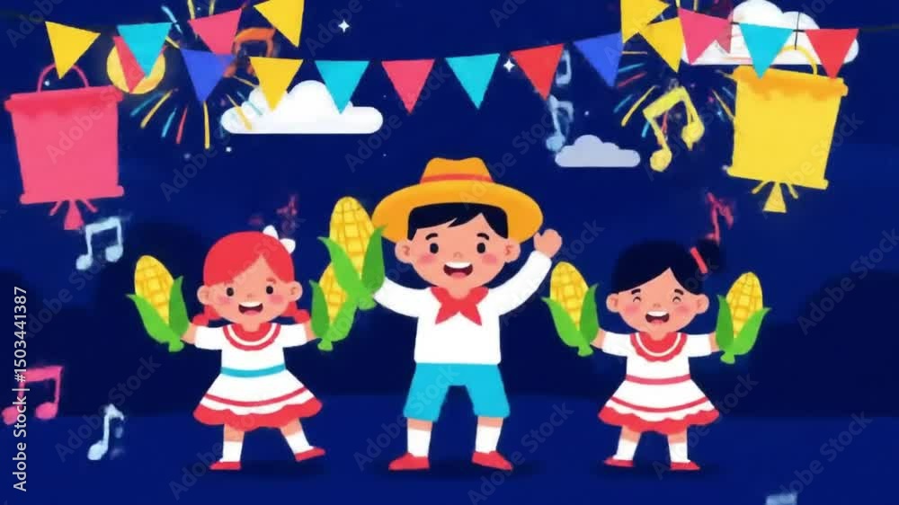 Cena Animada de Festa Junina com Decoração Colorida e Clima Festivo

