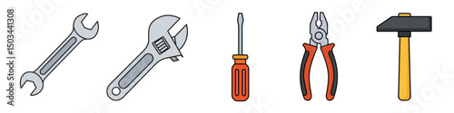 Versatile tools set for tightening and loosening nuts and bolts in plumbing, electric , automotive, diy projects and other works.  adjustable wrench, screw driver, pliers, and a little hammer