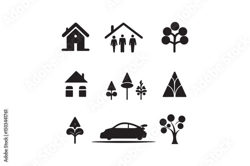 Minimal Black Icons Set House, Family, Car, Trees, Nature, Suburban Life