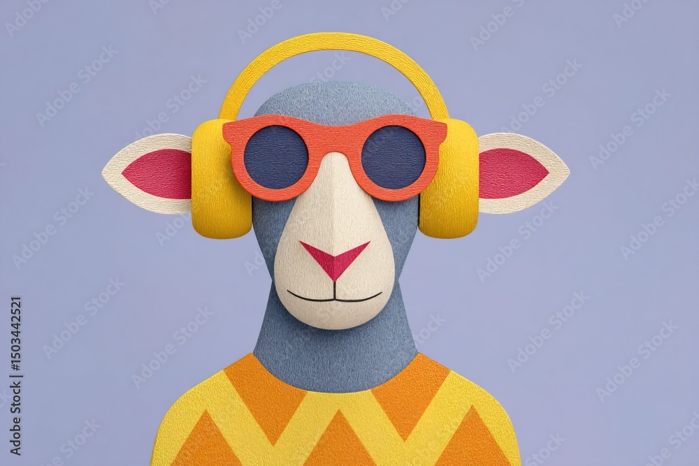Fototapeta premium Stylish sheep with headphones showcases vibrant colors in playful design