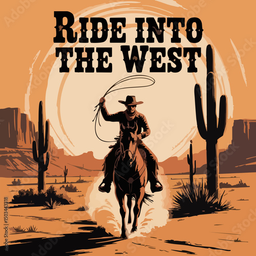 Cinematic Cowboy Riding Horse at Sunset – Retro Western Poster Illustration with Desert Landscape, Cacti, and Bold Vintage Typography