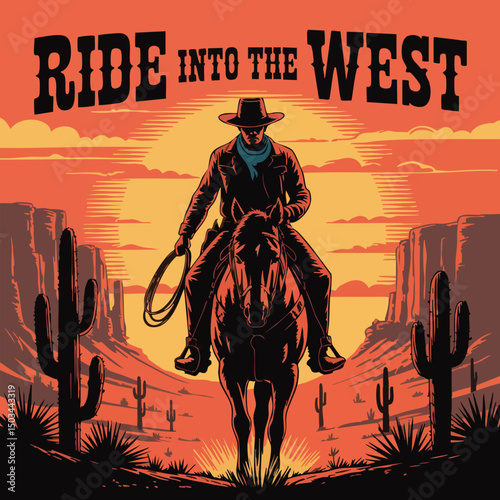 Cinematic Cowboy Riding Horse at Sunset – Retro Western Poster Illustration with Desert Landscape, Cacti, and Bold Vintage Typography