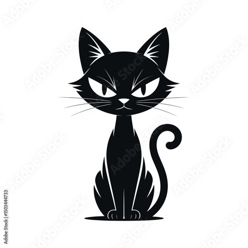 A stylized black cat illustration sitting with a curled tail and intense gaze