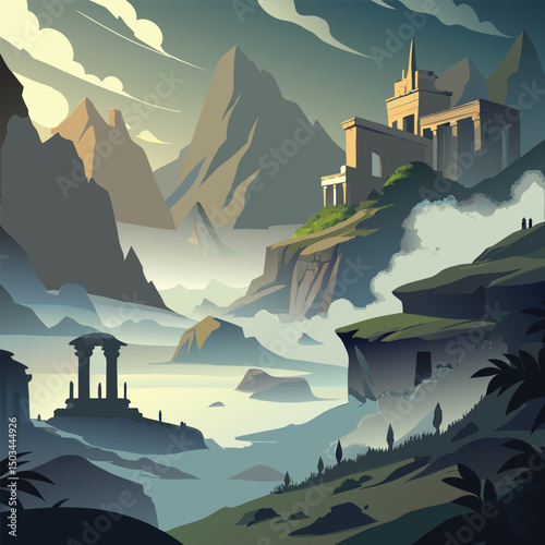 Ancient ruins in foggy valley landscape illustration