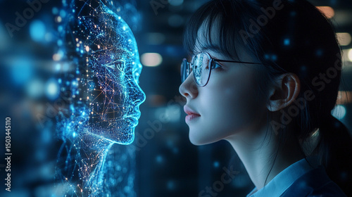 Young woman gazing at futuristic digital face hologram technology artificial intelligence network  blue.