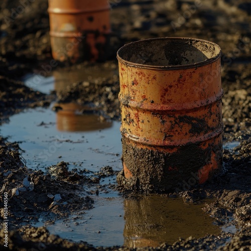 A closeup of toxic waste barrels leaking into the soil captured with an HQ camera