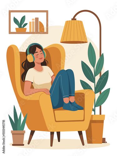 A Woman Listening to Music on Headphones in a Comfy Chair