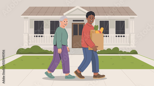 Character Helping an Elderly Neighbor with Groceries