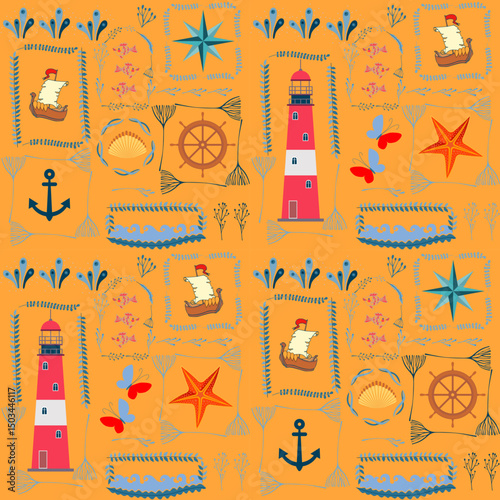 Marine stories. Beautiful collection. Seamless pattern with cute cartoon fish, sailboat, steering wheel, anchor, compass, beacon and seaweed frames on orange background. Nautical print for fabric.