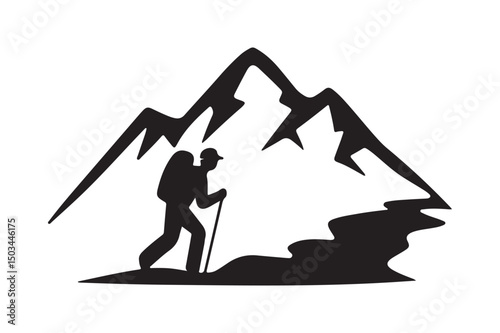 Hiking Mountain Silhouette Vector Black and White Adventure Hiker Clipart