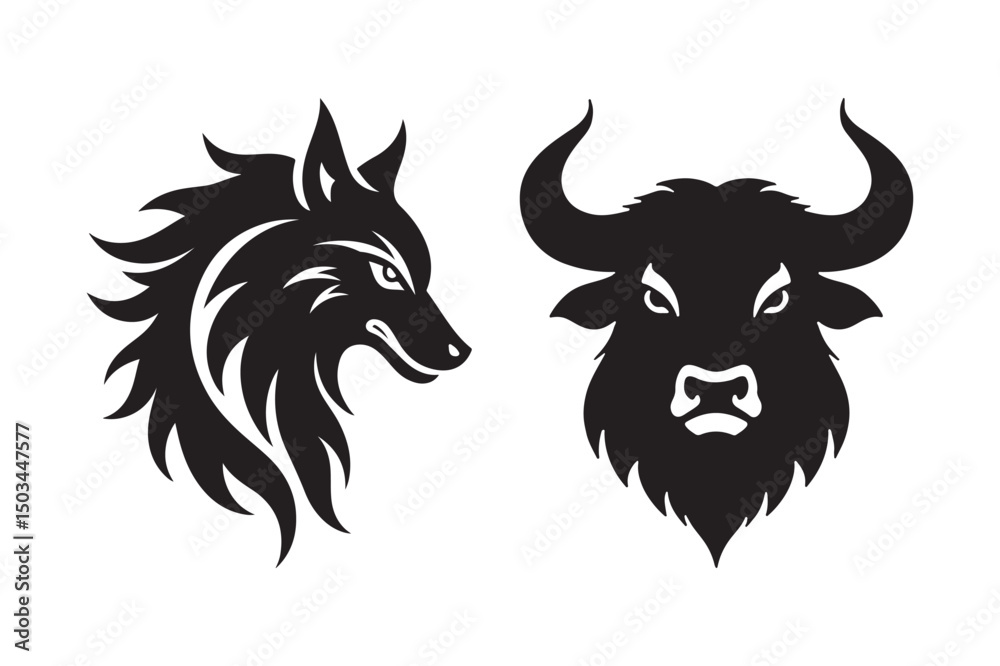 Fototapeta premium Wolf and Bull Head Silhouettes Tribal Animal Vector Logo Designs