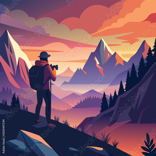 Lonely artist painting landscape vibrant nature scene