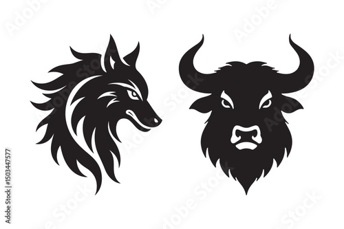 Wolf and Bull Head Silhouettes Tribal Animal Vector Logo Designs