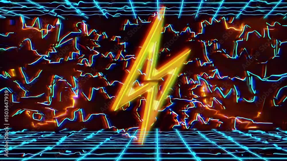 Animated glitch effect lightning icon retro TV interference channel distortion 80s digital noise creating nostalgic electrifying overlay video content
