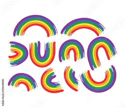 Vibrant hand-drawn rainbow brush stroke elements in various arch styles. Perfect for LGBTQ Pride designs, digital art, stickers, posters, and creative branding.