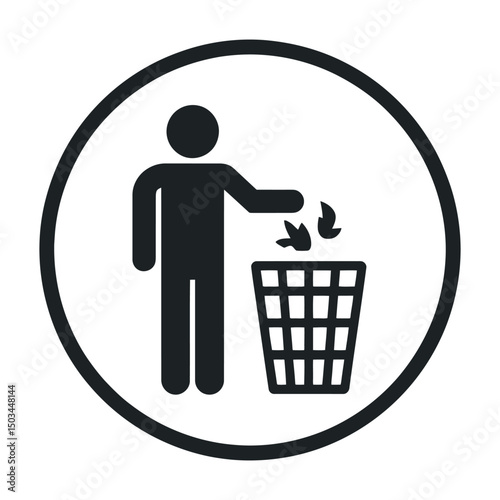 Simple Black and White Icon of a Person Throwing Trash into a Bin