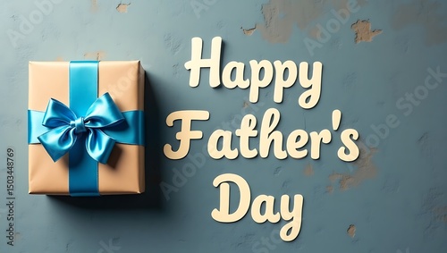 Happy Father's Day Gift Box with Blue Satin Ribbon on Rustic Wall Background