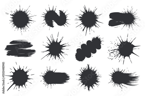 Twelve Unique Ink Splatter and Brush Stroke Designs for Artistic Projects