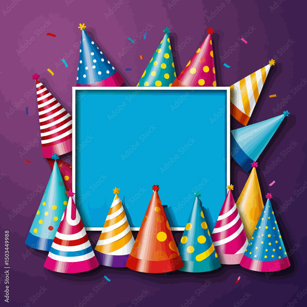 Obraz premium birthday-party-background-with-colorful-party-hats-and-confetti-celebration-birthday-event-background-purple-and-blue-square-frame-festive-mood