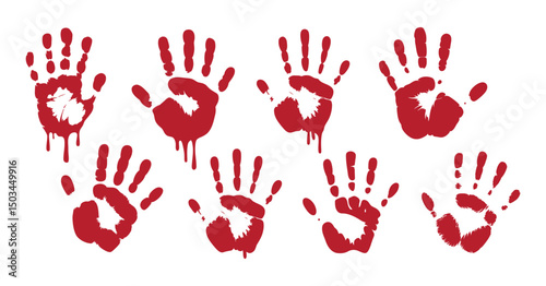 Collection of Eight Bloody Handprints Dripping Blood Isolated on White Background
