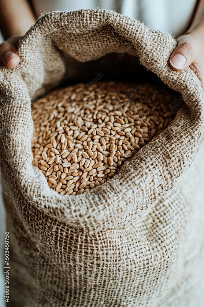 Obraz premium Hands holding burlap sack of wheat