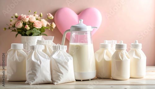Heartwarming Breastfeeding Moment: Pump, Milk Bags, and Heart Symbol of Love Between Mother and Infant
