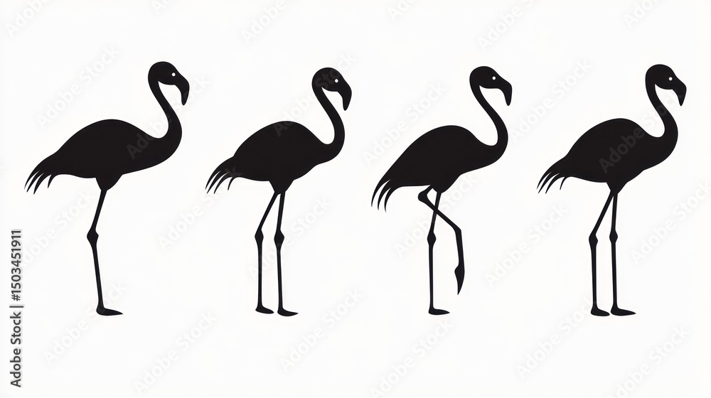 Fototapeta premium Four black silhouette flamingos in various poses