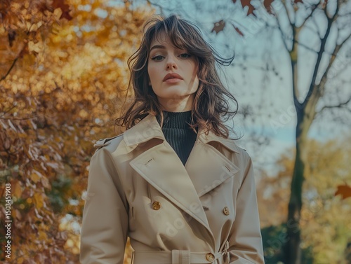 A confident woman in a trench coat walking in autumn leaves
