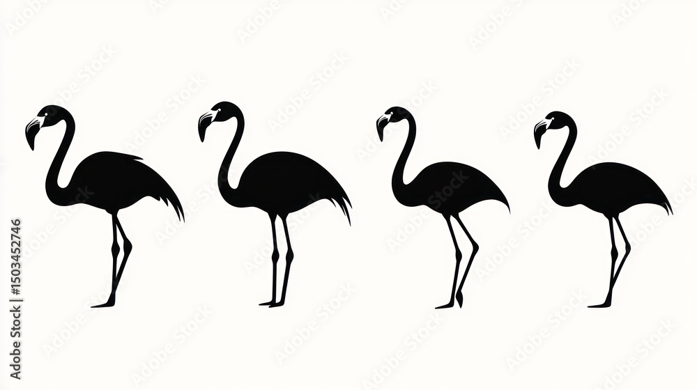 Obraz premium Four black silhouette flamingos, side views