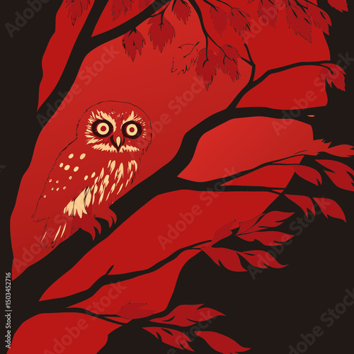 A detailed vector illustration of the Northern Saw-whet Owl, showcasing its distinctive round head, bright yellow eyes, and mottled brown and white plumage.
