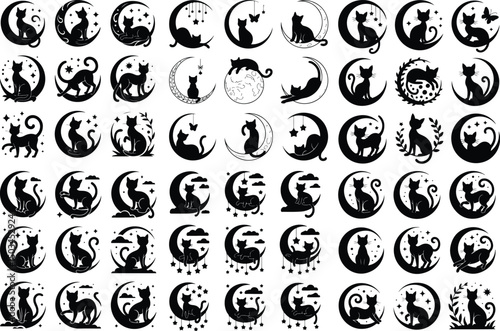 Cat Sitting on Moon Silhouette – Magical Night Clipart Set Moon and Cat Silhouette Bundle – Mystical Vector Collection
