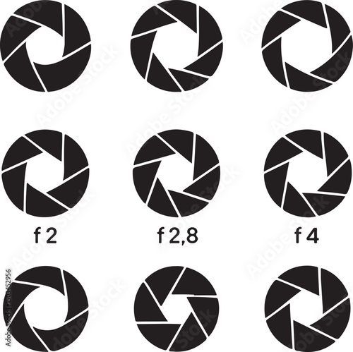 Set of Camera Aperture Icons – Lens Diaphragm and Shutter Vector Silhouettes with Aperture Values