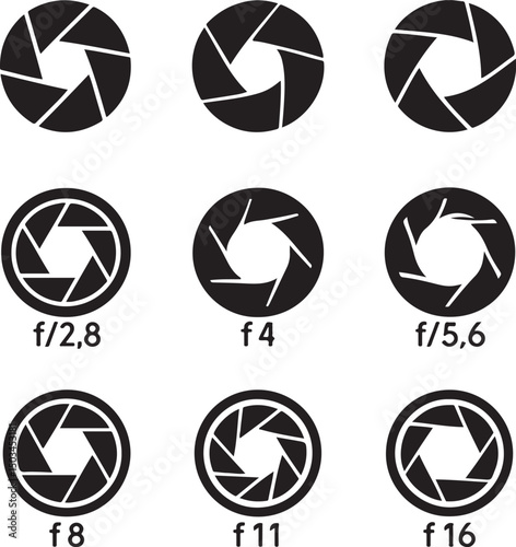 Set of Camera Aperture Icons – Lens Diaphragm and Shutter Vector Silhouettes with Aperture Values