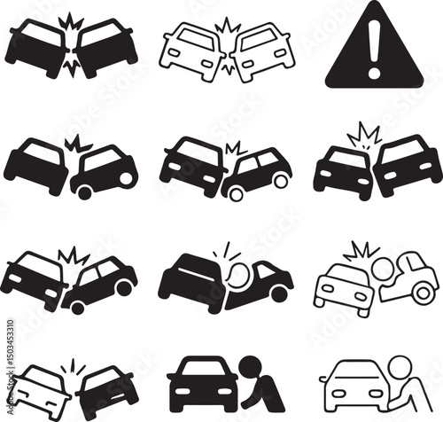 Set of Car Crash and Accident Icons – Vector Silhouette and Outline Illustrations on White Background
