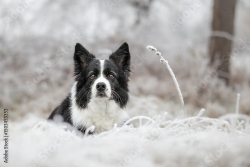 Shallow Depth of Field of Black and White Furry Dog in Frosty Nature in Winter Season. Portrait of Attentive Border Collie Outside in Cold Weather.