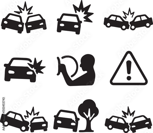 Set of Car Crash and Accident Icons – Vector Silhouette and Outline Illustrations on White Background