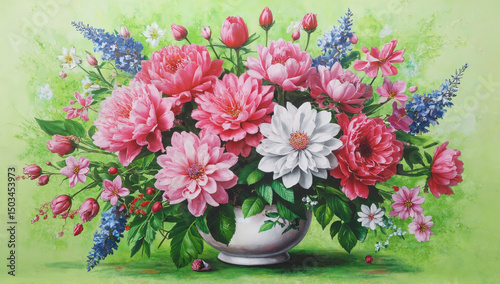 A bright floral arrangement with pink peonies, daisies and lupins, placed in a ceramic vase on a soft green background.  