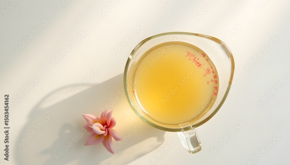 Yellow Liquid in Measuring Cup with Flower Yellow Liquid in Measuring Cup with Flower