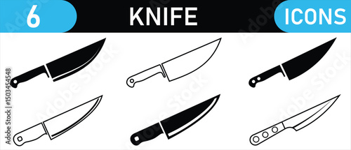 Knife icon. Kitchen knife icon vector and outline. Knife silhouettes. Knife vector icons. Hunting knife black icon and black outline. Camp knife illustration.