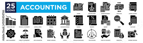 accounting icon collection set. Containing design Ledger, Balance Sheet, Income Statement, Cash Flow, Journal Entries,