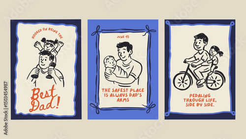 Happy Father's Day Dad Greeting Doodle Vintage Sketch Card Set. Holiday Vector Chalk Poster From Son Daughter Family