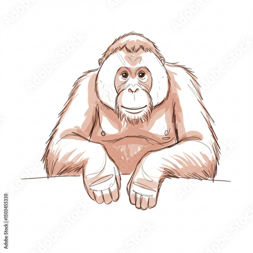 Illustration of a thoughtful gorilla resting on a white background in a sketch style